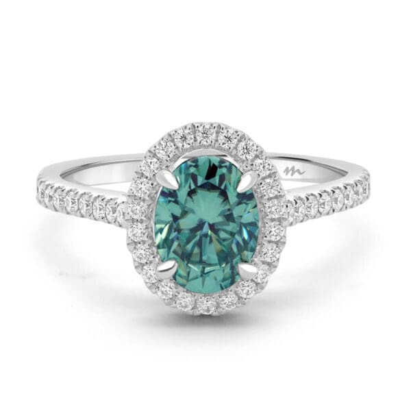 Ava Oval Green Moissanite halo ring on 3/4 set band