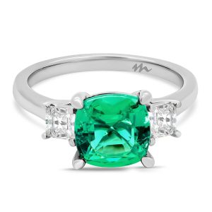 Green Cushion Cut Lab Grown Emerald Trilogy Engagement Ring With Princess Cut Side Stones