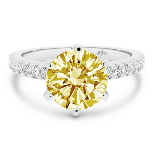 Victoria Round 8.0 Yellow Ring With 6-Prong Setting On Fine Pave Band