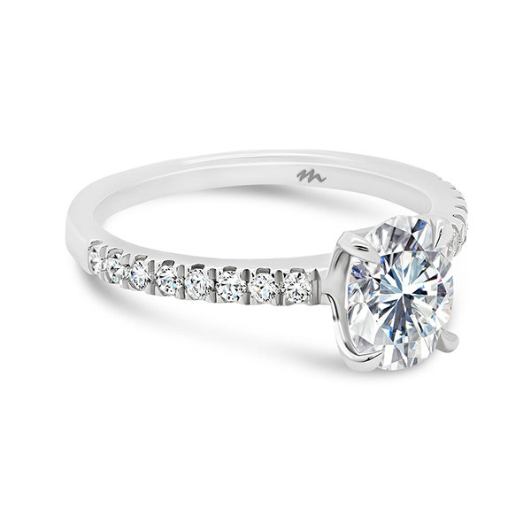 Tori 8x6-9x7 modern 4-prong oval solitaire Moissanite engagement ring on a delicate prong set band