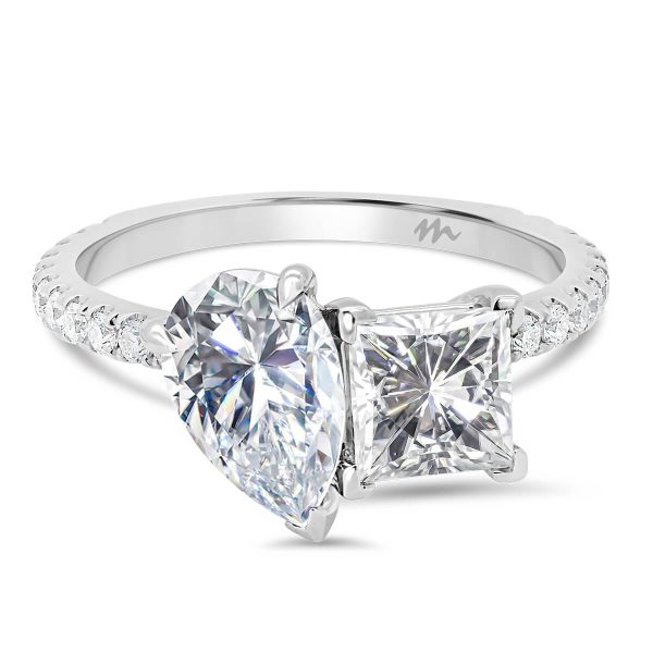 Annique 9x6-10x7 princess and pear accented Moissanite Toi Et Moi ring