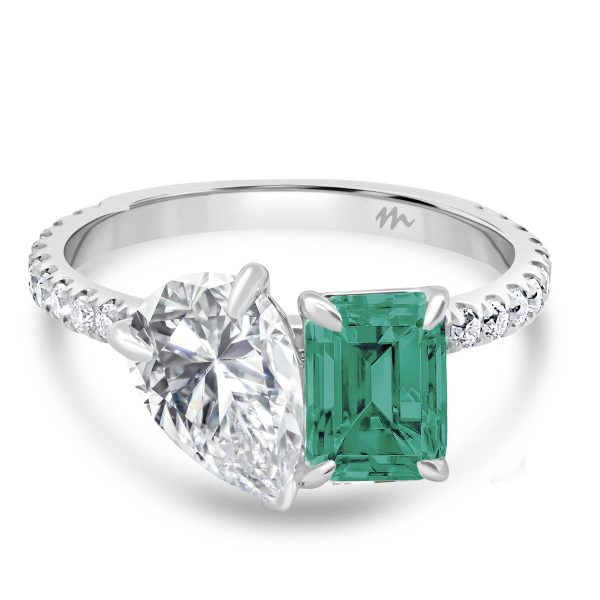 Esme Green emerald cut and pear cut accented green Toi Et Moi ring