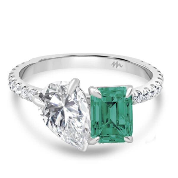 Esme Green emerald cut and pear cut accented green Toi Et Moi ring