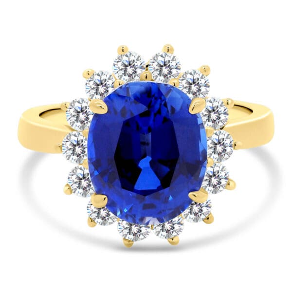 Diana 11X9 Halo Ring With Sapphire Centre Stone On A Plain Band