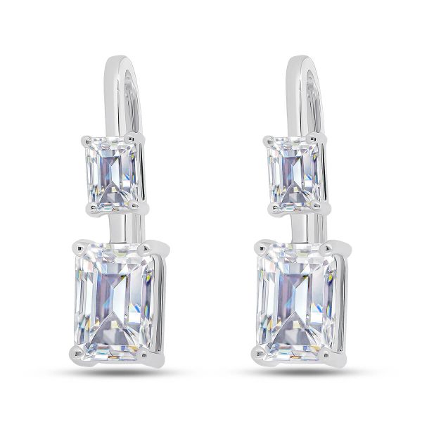 Leona lab grown diamond earrings with twin emerald cut set in a vertical alignment