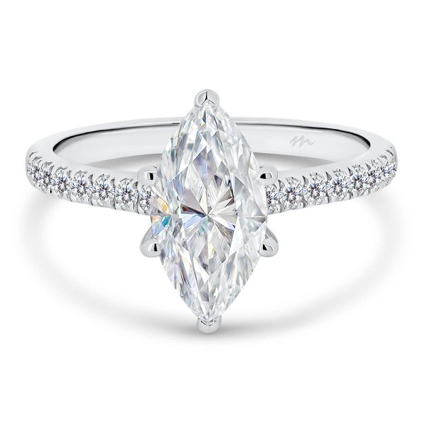 Mollie marquise Moissanite ring with stone set under-rail on delicate prong set half band