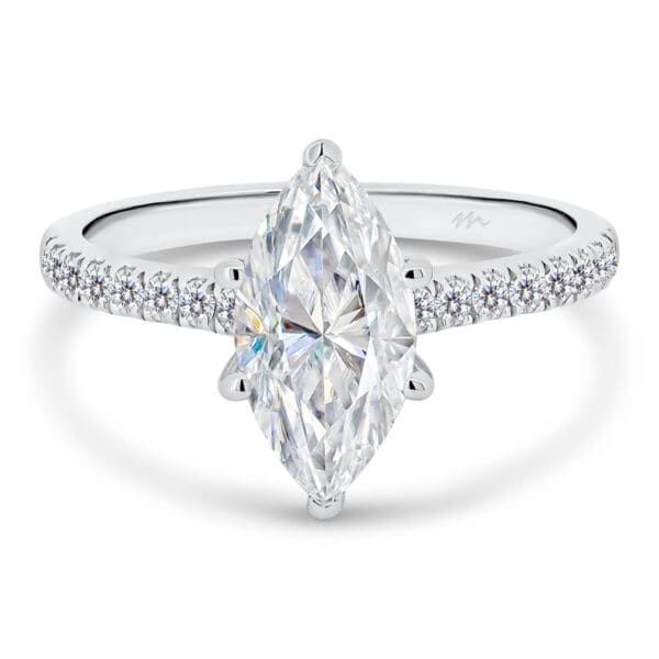 Mollie marquise Moissanite ring with stone set under-rail on delicate prong set half band