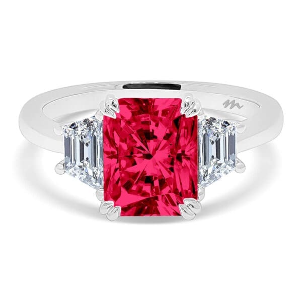 Aubrey Radiant 9x7 lab grownd ruby trilogy with trapezoid side stones