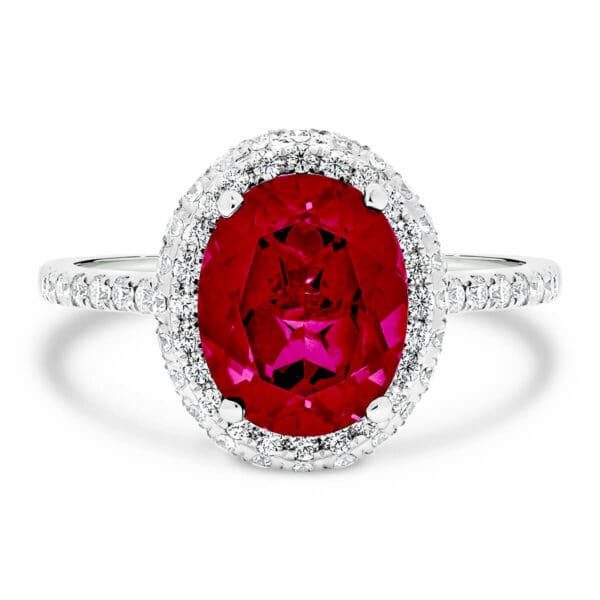 Vivienne Oval Ruby Halo Ring With Rolling-Edge Halo And Accented  Bridge And Band