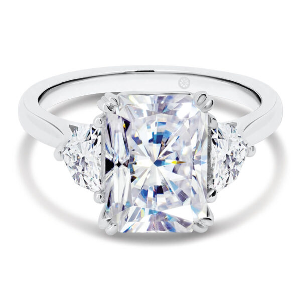 Allegra Radiant lab grown diamond with cadillac side stone trilogy on plain band