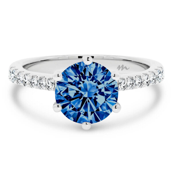 Amy 8.0 round Blue Moissanite ring with tapered band