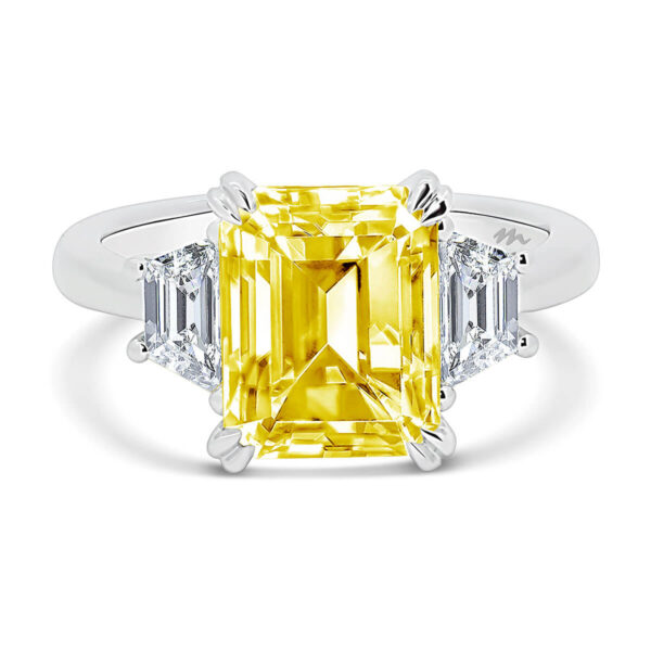 Aubrey Emerald 9x7 Yellow trilogy with trapezoid stones on a plain band