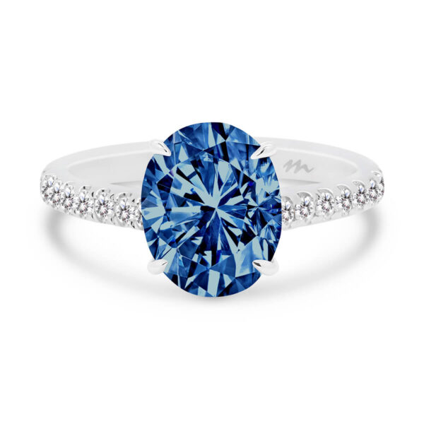 Aurora Blue Moissanite ring with micro-pave under-rail on delicate band