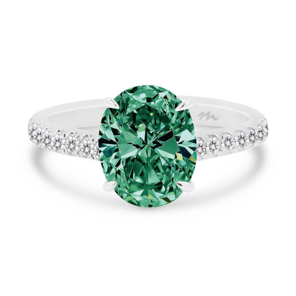 Aurora Green Moissanite ring with micro-pave under-rail on delicate band