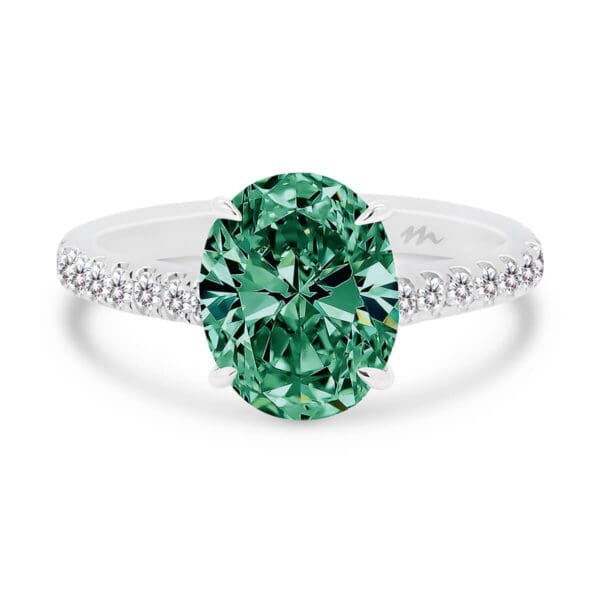 Aurora Green Moissanite Ring With Micro-Pave Under-Rail On Delicate Band