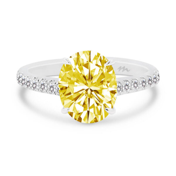 Aurora Yellow Moissanite ring with micro-pave under-rail on delicate band
