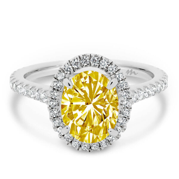 Ava Oval Yellow Moissanite halo ring on 3/4 delicate prong set band