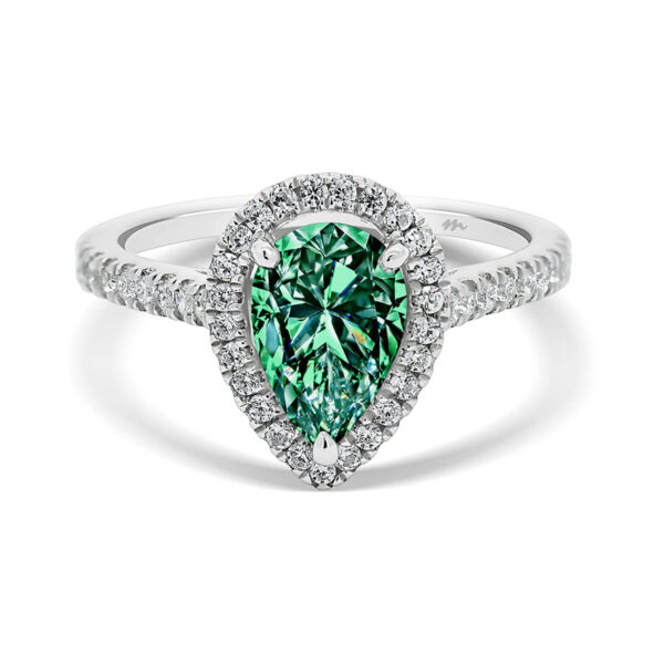 Ava Pear 9x6 Green Moissanite halo ring on 3/4 set band
