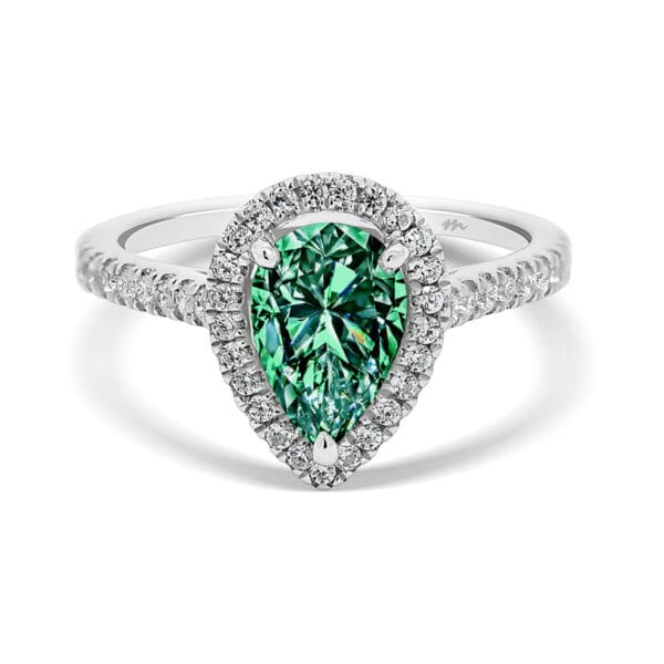 Ava Pear 9X6 Green Moissanite Halo Ring On 3/4 Set Band