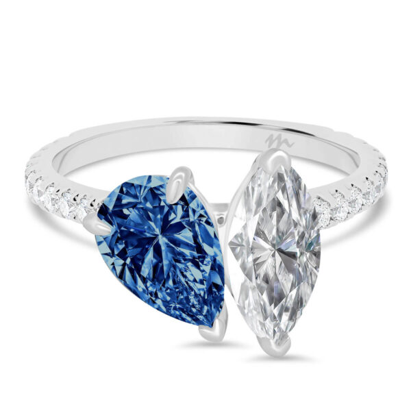 Claudette Blue marquise and pear accented Colour Toi Et Moi rings