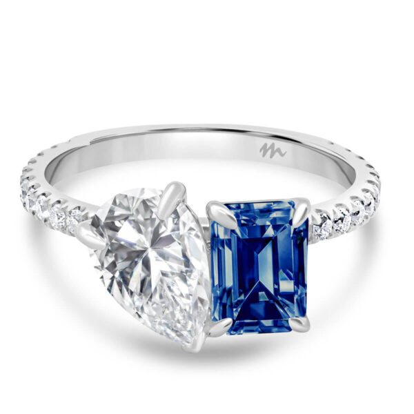 Esme Blue emerald cut and pear cut accented blue Toi Et Moi ring