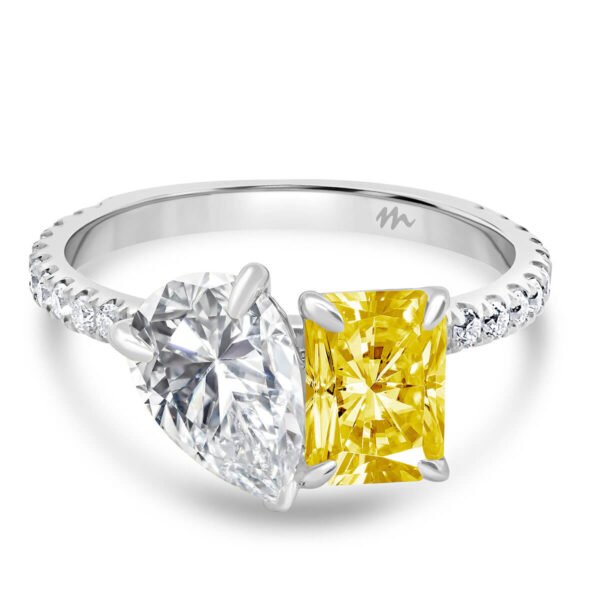 Esme Yellow emerald cut and pear cut accented yellow Toi Et Moi ring