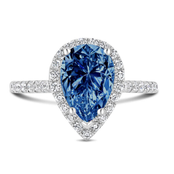 Faith Blue Moissanite ring with delicate halo and bridge