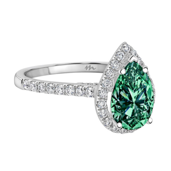 Faith Green Moissanite ring with delicate halo and bridge