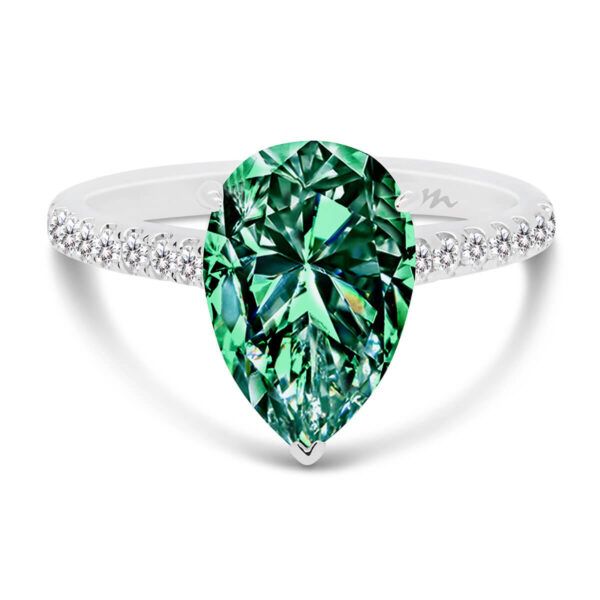 Skylar 10x7 Green pear cut with micropave under-rail on delicate 3/4 prong band
