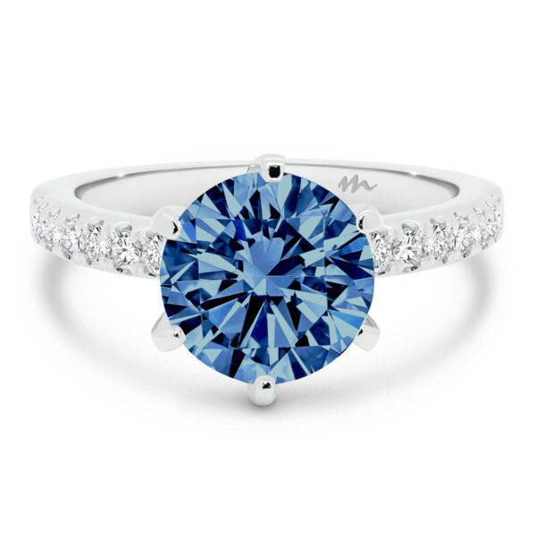 Victoria Round 8.0 Blue ring with 6-prong setting on fine pave band