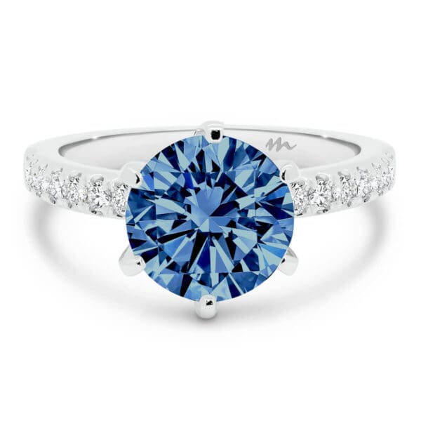 Victoria Round 8.0 Blue Ring With 6-Prong Setting On Fine Pave Band