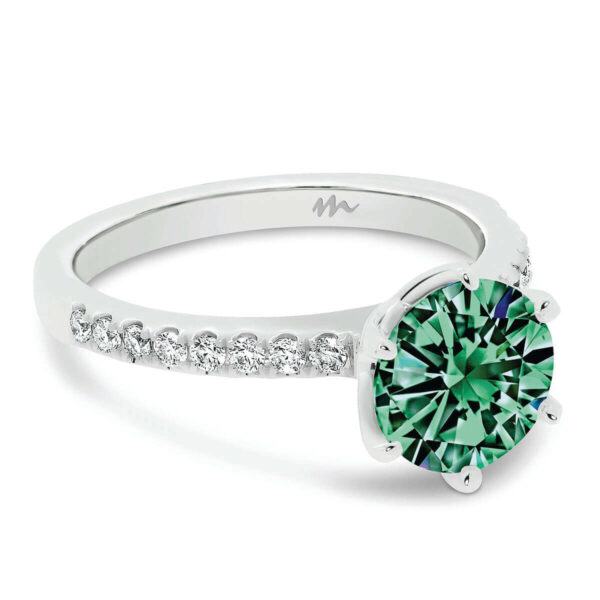 Victoria Round 8.0 Green ring with 6-prong setting on fine pave band
