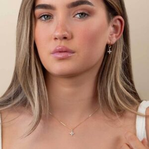 Model Wears Hannah Small Yellow Gold Twisted Rope Hoop Earrings Winona Marquise Diamond Clover Charm Pendant Cropped
