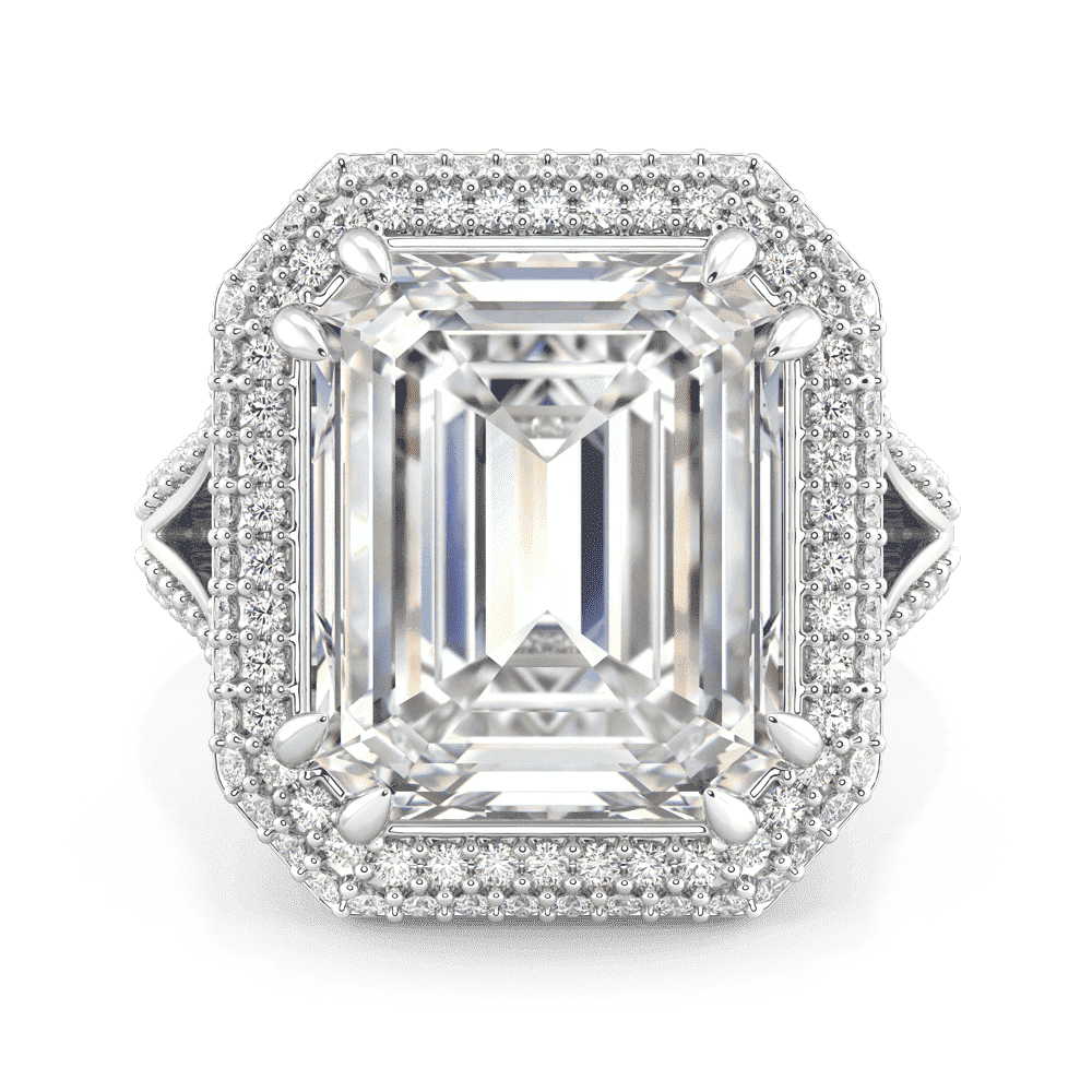 Helena Front White Gold Moissanite Emerald Pave Angled Double Halo Spilt Shank Ring 1