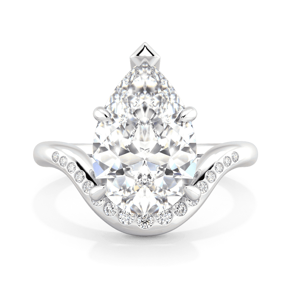 Jessica Front White Gold Moissanite Pear Under Rail Curved Hammer Set Band Ring 1