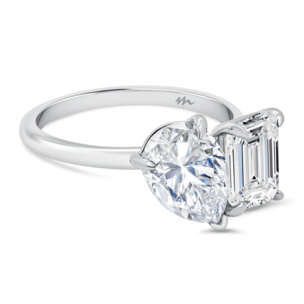 Annette 9X6 Angled White Gold Moissanite Emerald Pear Cut Toi Et Moi Engagement Ring