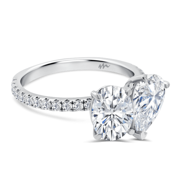 Nicolette 9X6 Angled White Gold Oval Pear Moissanite Prong Set Toi Et Moi Engagement Ring