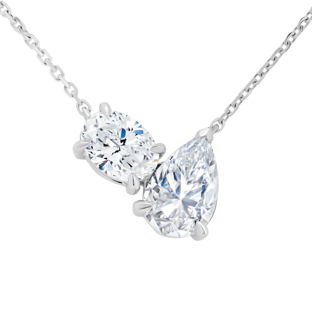 Elise Grande 9X6 White Gold Moissanite Oval Pear Cut Prong Set Toi Et Moi Necklace