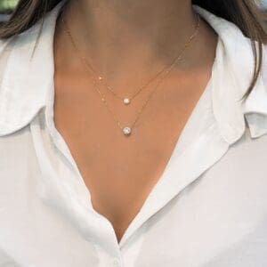 Model Wears Rochnee 4.0 5.0 Rose Yellow Gold Diamond Bezel Set Chain Necklace