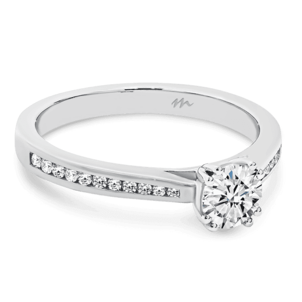 Bailey 5.0 Angled White Gold Moissanite 4 Double Prong Round Channel Set Band Ring