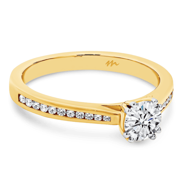 Bailey 5.0 Angled Yellow Gold Moissanite 4 Double Prong Round Channel Set Band Ring