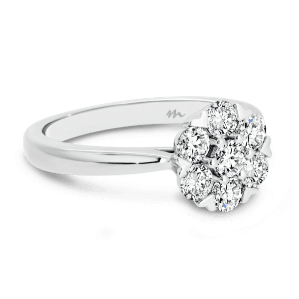Camelia Angled White Gold Moissanite Floral Cluster Solitaire Tapered Rounded Band Ring