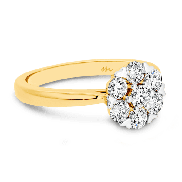 Camelia Angled Yellow Gold Moissanite Floral Cluster Solitaire Tapered Rounded Band Ring