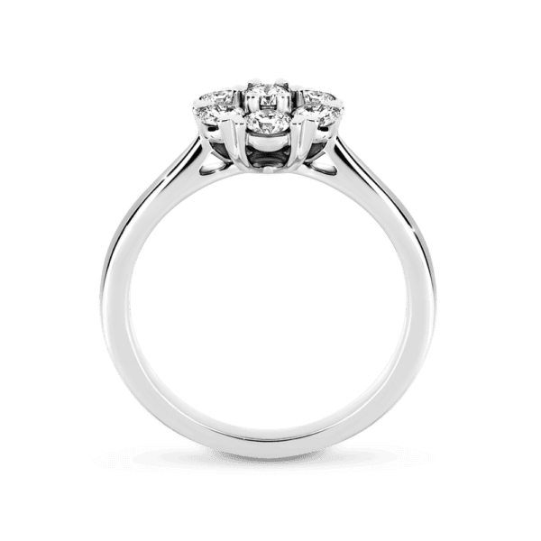 Camelia Side White Gold Diamond Floral Cluster Solitaire Tapered Rounded Band Ring
