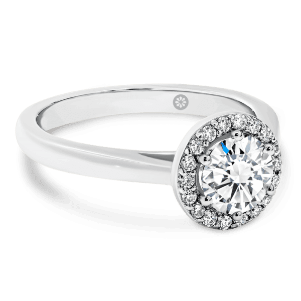 Deedee 6.0 Angled White Gold Lab Grown Diamond 6 Prong Pave Halo Solitaire Rounded Band Ring