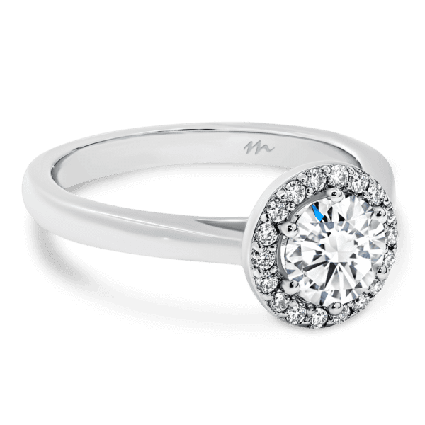 Deedee 6.0 Angled White Gold Moissanite 6 Prong Pave Halo Solitaire Rounded Band Ring