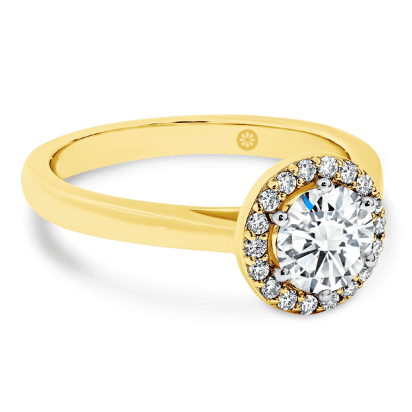Deedee 6.0 Angled Yellow Gold Lab Grown Diamond 6 Prong Pave Halo Solitaire Rounded Band Ring
