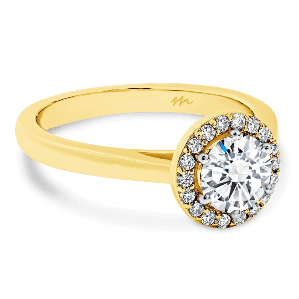 Deedee 6.0 Angled Yellow Gold Moissanite 6 Prong Pave Halo Solitaire Rounded Band Ring