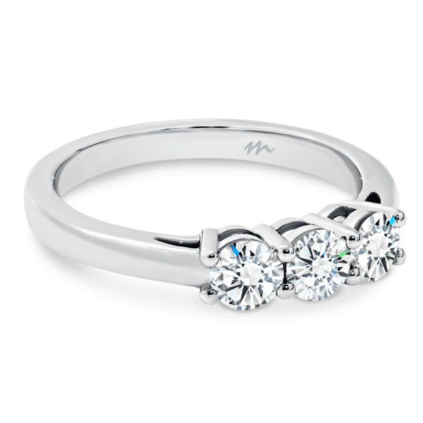 Emily 4.0 Angled White Gold Moissanite 4 Prong Equal 3 Stone Trilogy Plain Band Ring