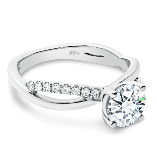 Freya Round 6.5 Angled White Gold Moissanite 4 Prong Offset Crossover Infinity Prong Set Band Ring